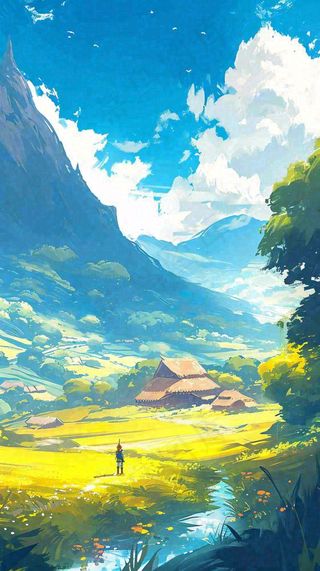 阳光春天细长流水山脉村庄小屋草坪，春分，旅行露营