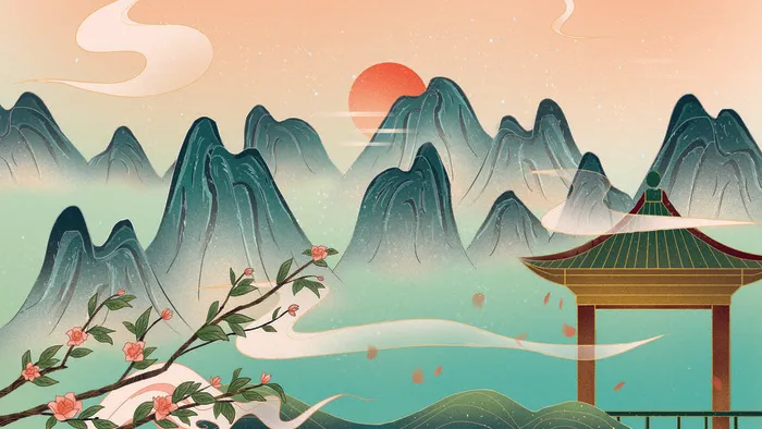 中国风国潮烫金仙鹤山水古建筑风景装饰插画背景PSD分层设计素材psd模版下载