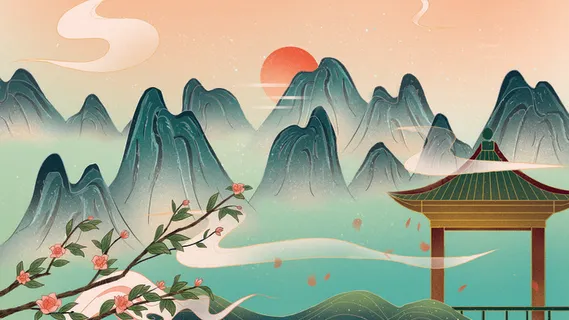 中国风国潮烫金仙鹤山水古建筑风景装饰插画背景PSD分层设计素材 中国风国潮烫金仙鹤山水古建筑风景装饰插画背景PSD分层设计素材