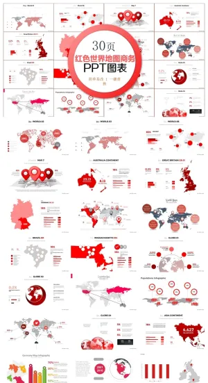 红色世界地图商务PPT图表合集预览图