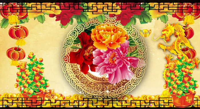 花卉牡丹花灯笼背景psd模版下载