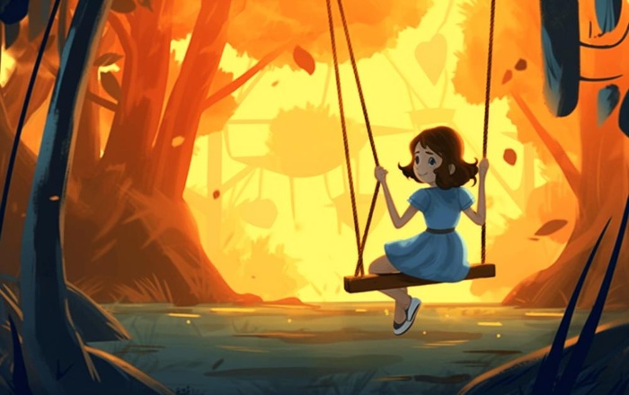 秋天女孩在树上荡秋千黄色落叶插画背景