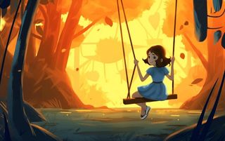 秋天女孩在树上荡秋千黄色落叶插画背景