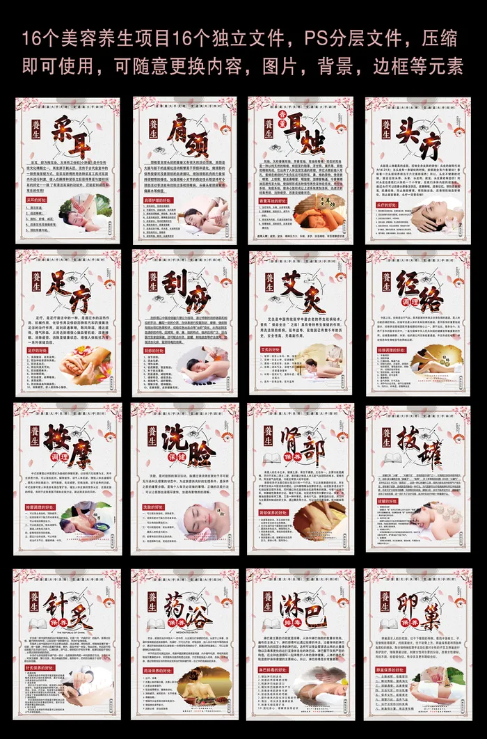 美容养生系列16大项目-PS分层文件psd模版下载