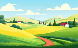 乡村村庄美丽风景河流插画农田插画背景