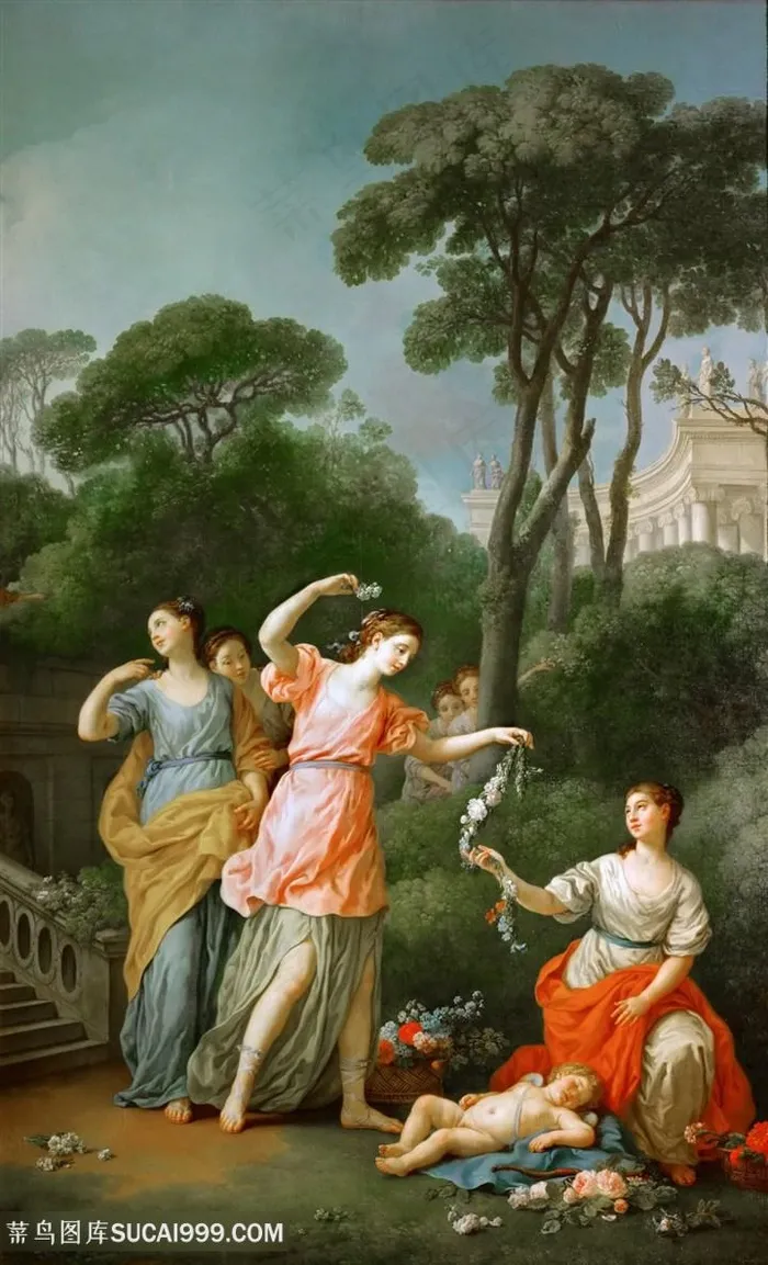 年轻的希腊女孩，给沉睡的爱人戴上花环油画图片