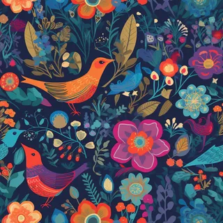 花鸟图，插画风格，无缝贴图，素材