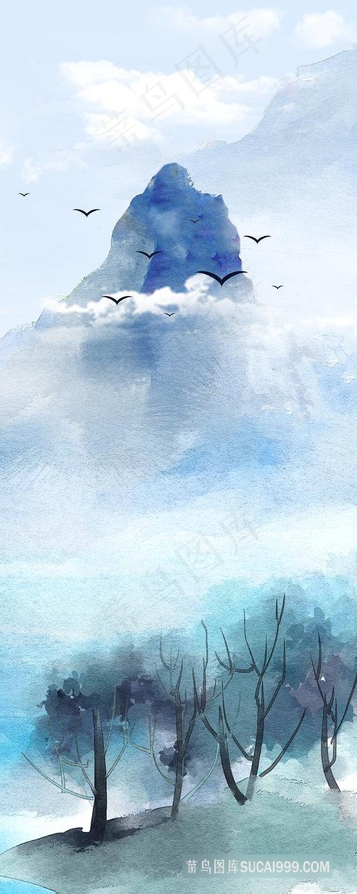 水彩树林山脉水墨风景画