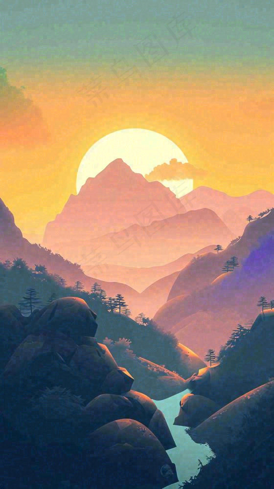 落日山脉河流小溪扁平手绘插画，旅行游玩登山郊游(816x1456)