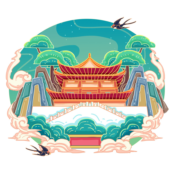国潮风旅游建筑城市地标景区北京上海插图插画元素素材设计模板