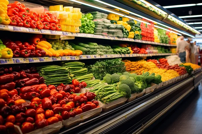 超市蔬菜架丰富的蔬菜摄影图(4032x2688)