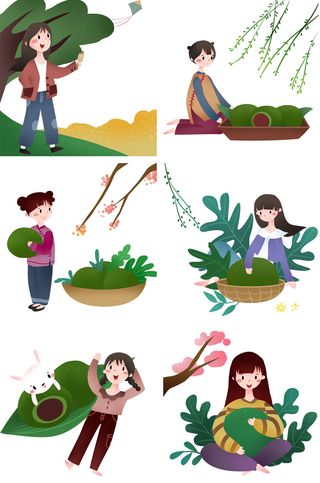 清明节青团卡通踏青人物男女孩放牛娃元素春季春游PSD设计PNG素材