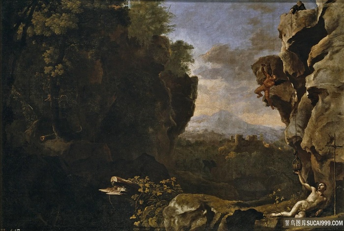 山崖人物唯美油画风景画