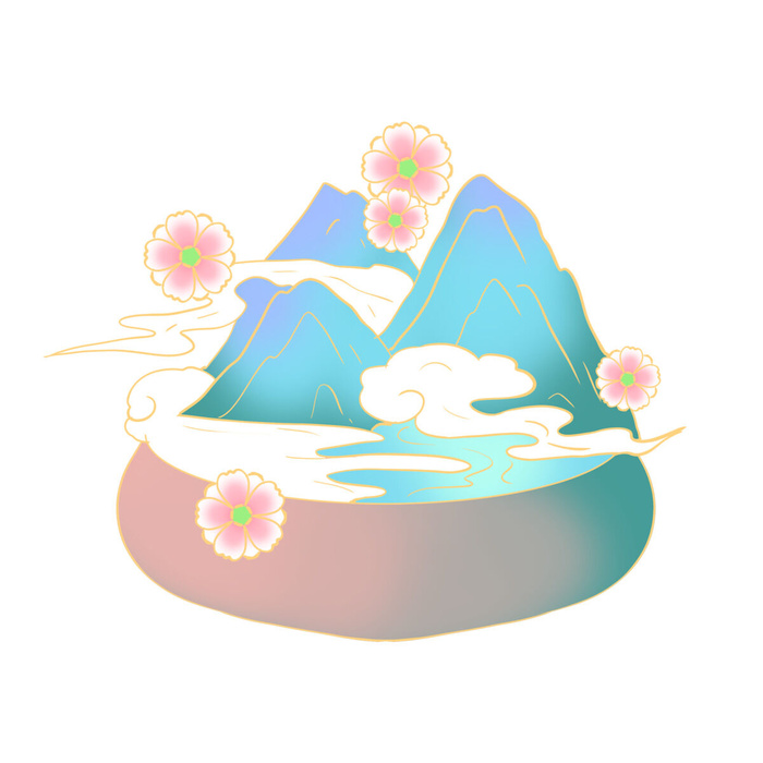 时尚微景观山水装饰庭院祥云中式国潮风插图插画元素素材设计模板