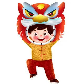 新年春节虎年元宵手绘人物舞狮卡通狮子头插画元素PSD设计素材