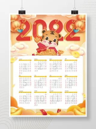 喜庆虎年插画风2022年日历新年挂历海报