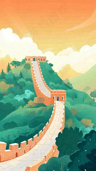 万里长城中国历史建筑扁平插画手绘，简约大气中国风