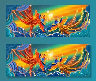 国潮风仙鹤喜鹊凤凰手绘插画