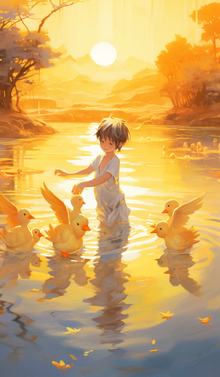 梦幻场景一个小孩在湖波里和鸭子玩耍插画背景
