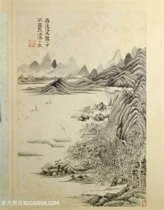 清代画家王时敏杜甫诗意作品森边长江国画图片