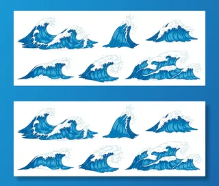 复古的风暴波浪和涟漪潮汐手绘插图高级矢量图