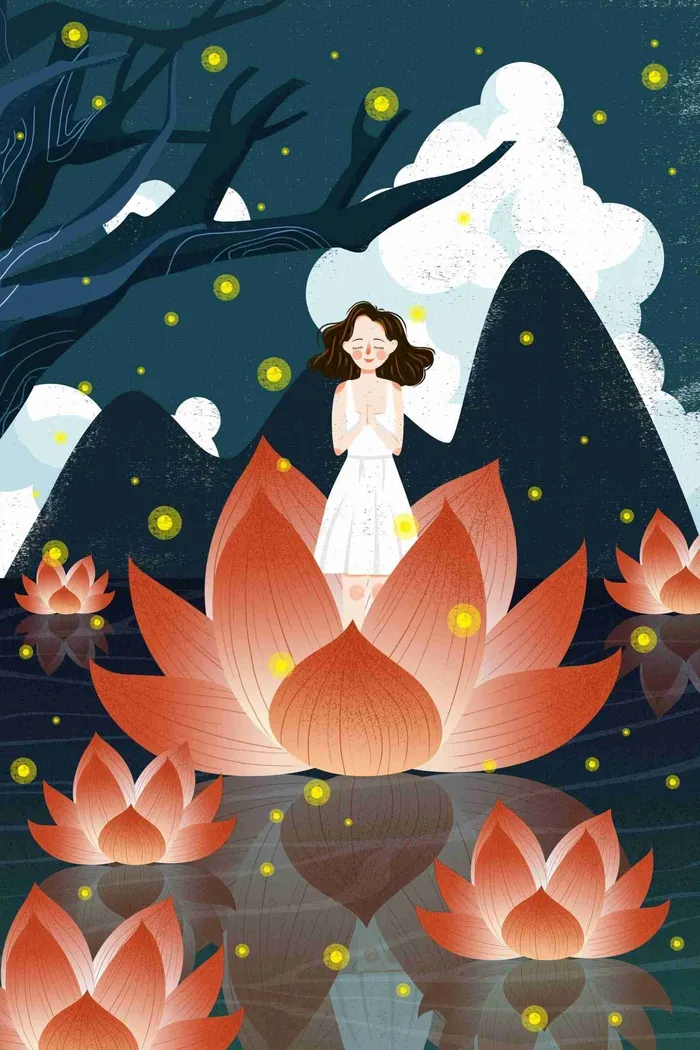 唯美节气处暑插画女孩放河灯祈祷夜晚插画