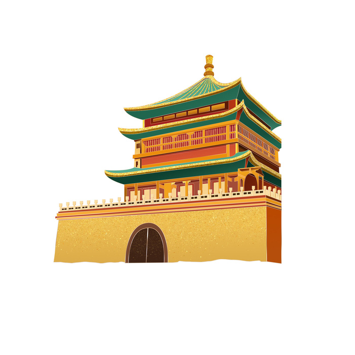 复古中国风国潮古建筑插画手绘高楼古塔PSD素材亭子png免抠图
