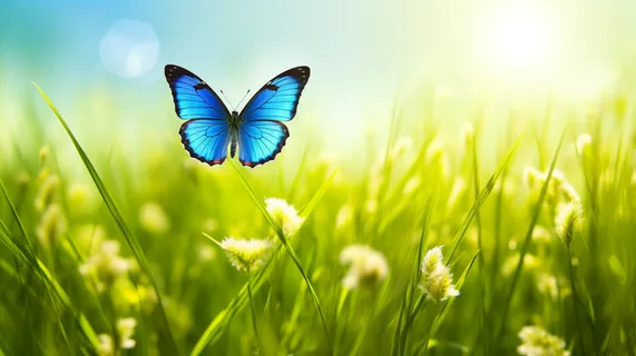 清晨阳光下的草丛飞的蓝色蝴蝶摄影图