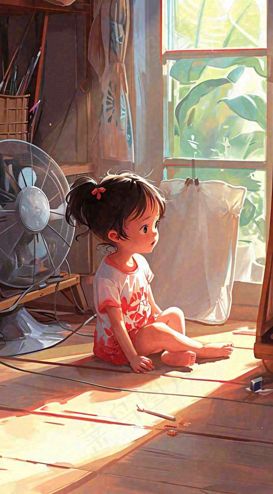 夏天夏季居家儿童吹清凉风扇，夏至小暑大暑手绘插画(816x1472)
