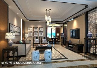 别墅新中式风格客厅装修设计效果图