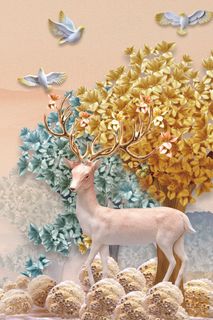 飞鸟麋鹿风景画