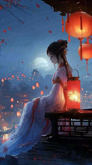 古风夜晚湖边少女灯笼意境水面