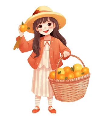 女孩提篮子裙子帽子插画