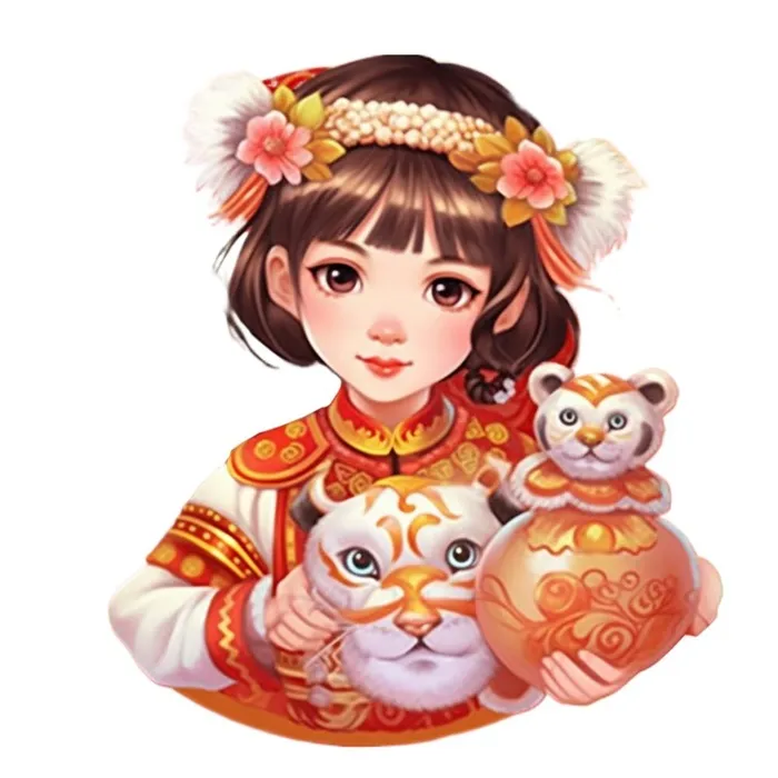 卡通插画人物喜庆红色衣服孩子老虎免抠(1024x1024)