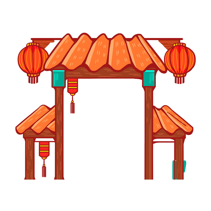 中国风复古式国潮门楼手绘城门插画牌楼建筑PSD素材png免扣图