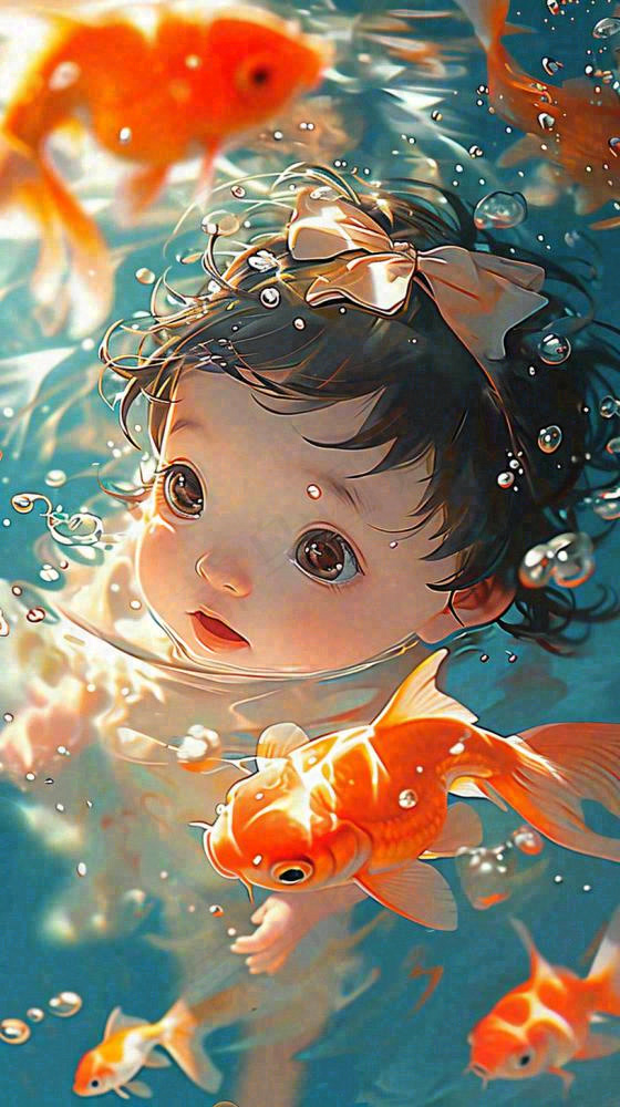 夏天泳池婴儿小孩游泳玩耍金鱼锦鲤，小暑大暑