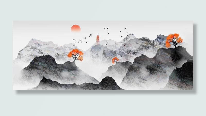 水墨日出高山风景画PSD素材