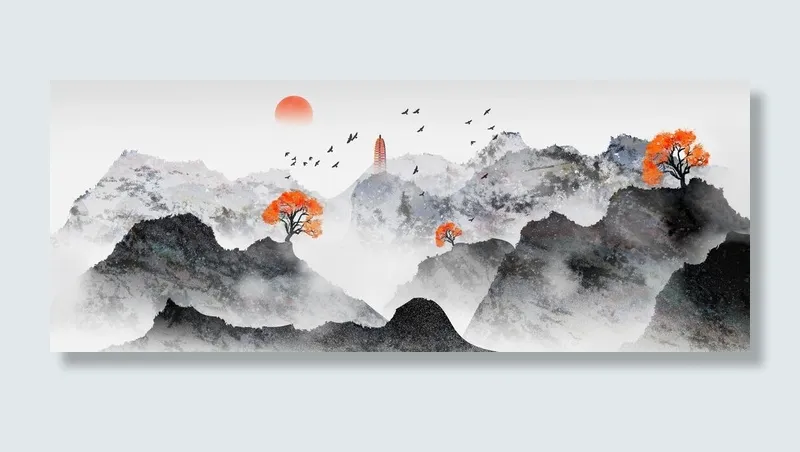 水墨日出高山风景画PSD素材psd模版下载