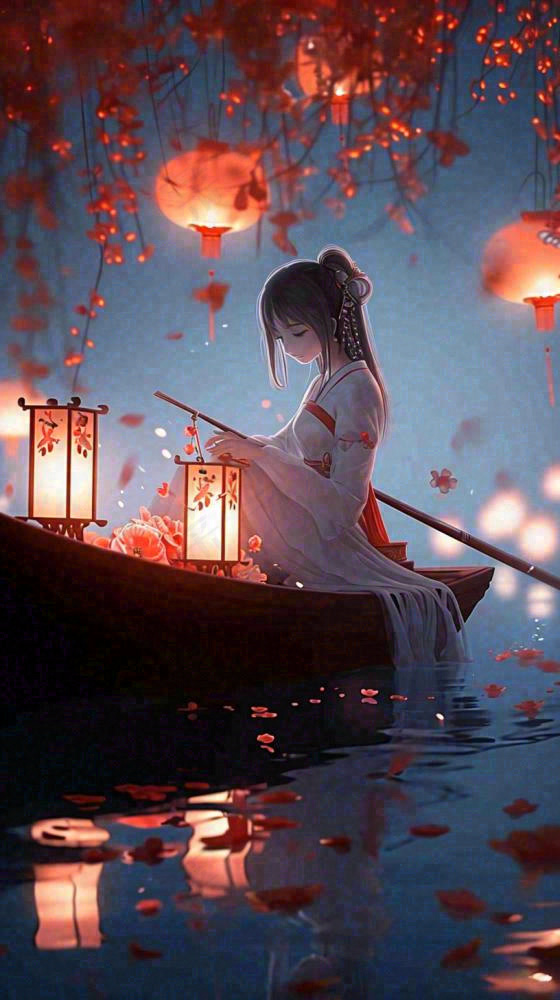 古风夜晚湖边少女灯笼意境水面
