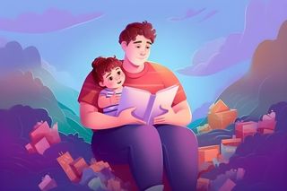 父亲爸爸抱着孩子看书阅读背景