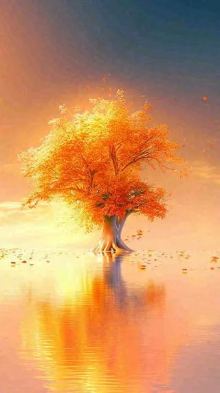 秋天树木的秋叶在河面上飘扬，金黄色温馨，秋分