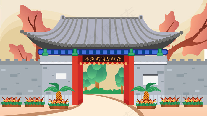 古风建筑插画ai矢量模版下载