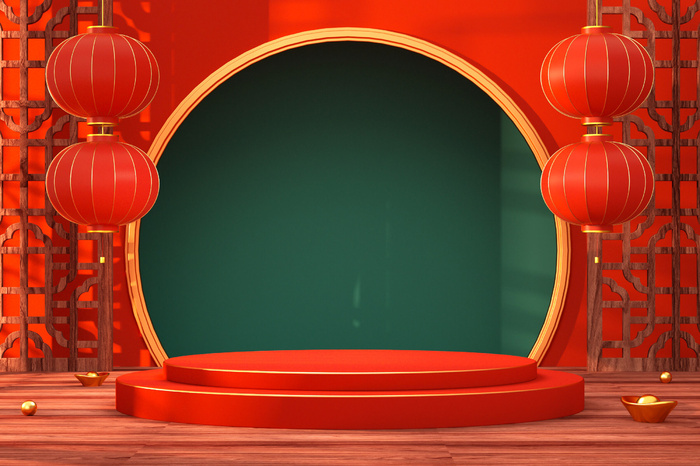 中国风古典喜庆C4D背景图3D国潮场景促销活动海报PSD设计素材模板