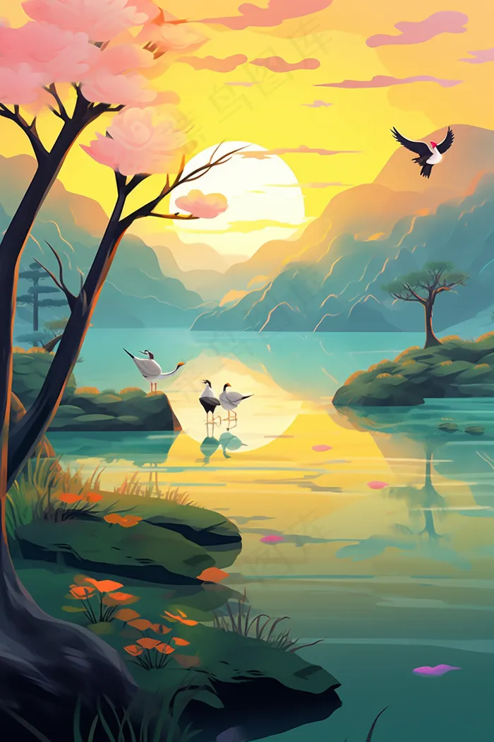 秋季湖水*飞驰的白鹭鹤重阳插画背景(x)