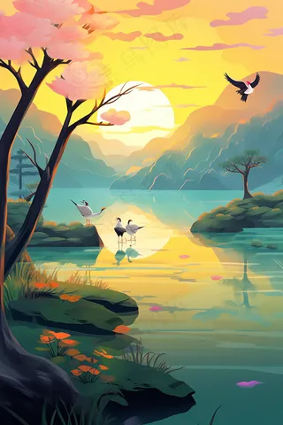 秋季湖水*飞驰的白鹭鹤重阳插画背景