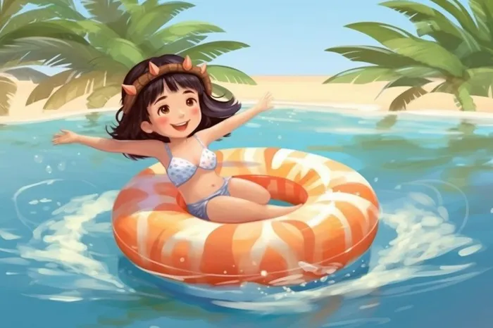 女孩沙滩海边游泳泳圈背景(1344x896)