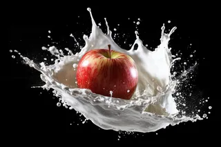水果牛奶碰撞融合苹果液体撞击迸射瞬间摄影图