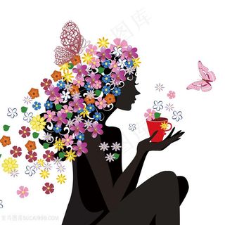 花卉蝴蝶美女插画