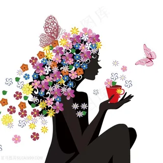 花卉蝴蝶美女插画