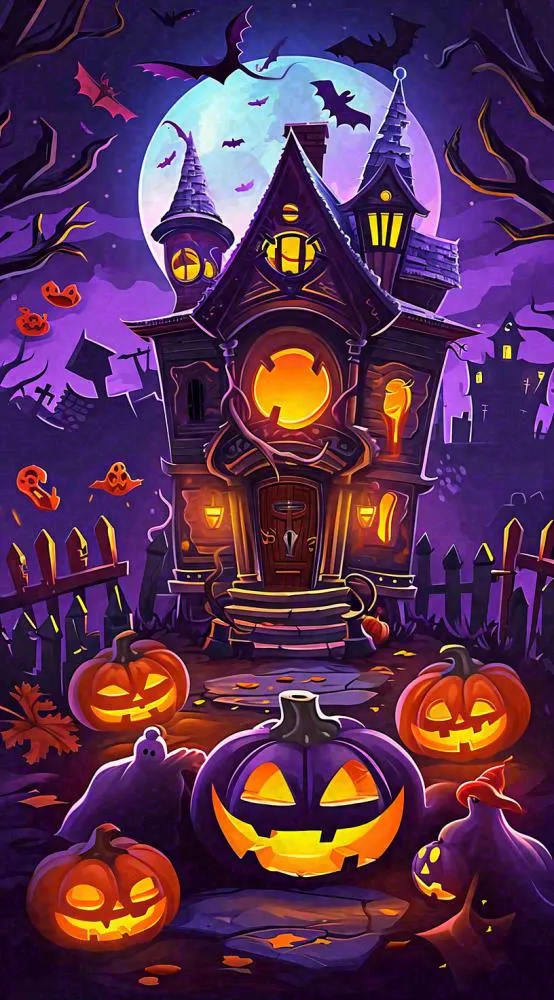 万圣节恐怖城堡南瓜夜晚暗紫色卡通节日(816x1472)